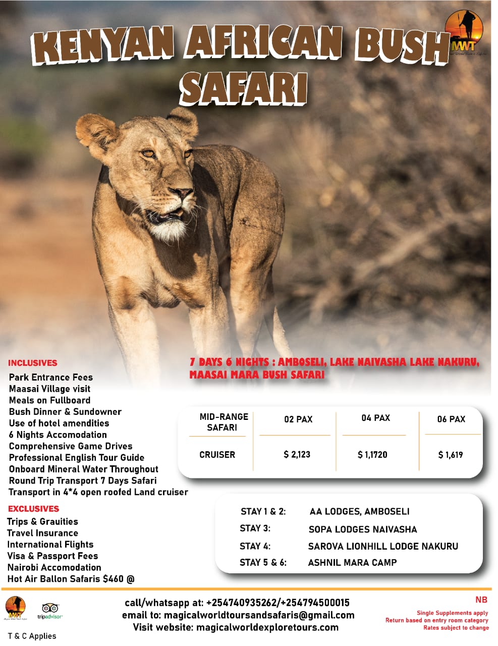 7DAYS 6NIGHTS KENYA  AFRICAN BUSH SAFARI